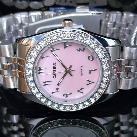 Casiru Ladies Rhinestone Bezel w/Pink Shell Dial Quartz Watch Stainless Bracelet - Picture 4 of 11